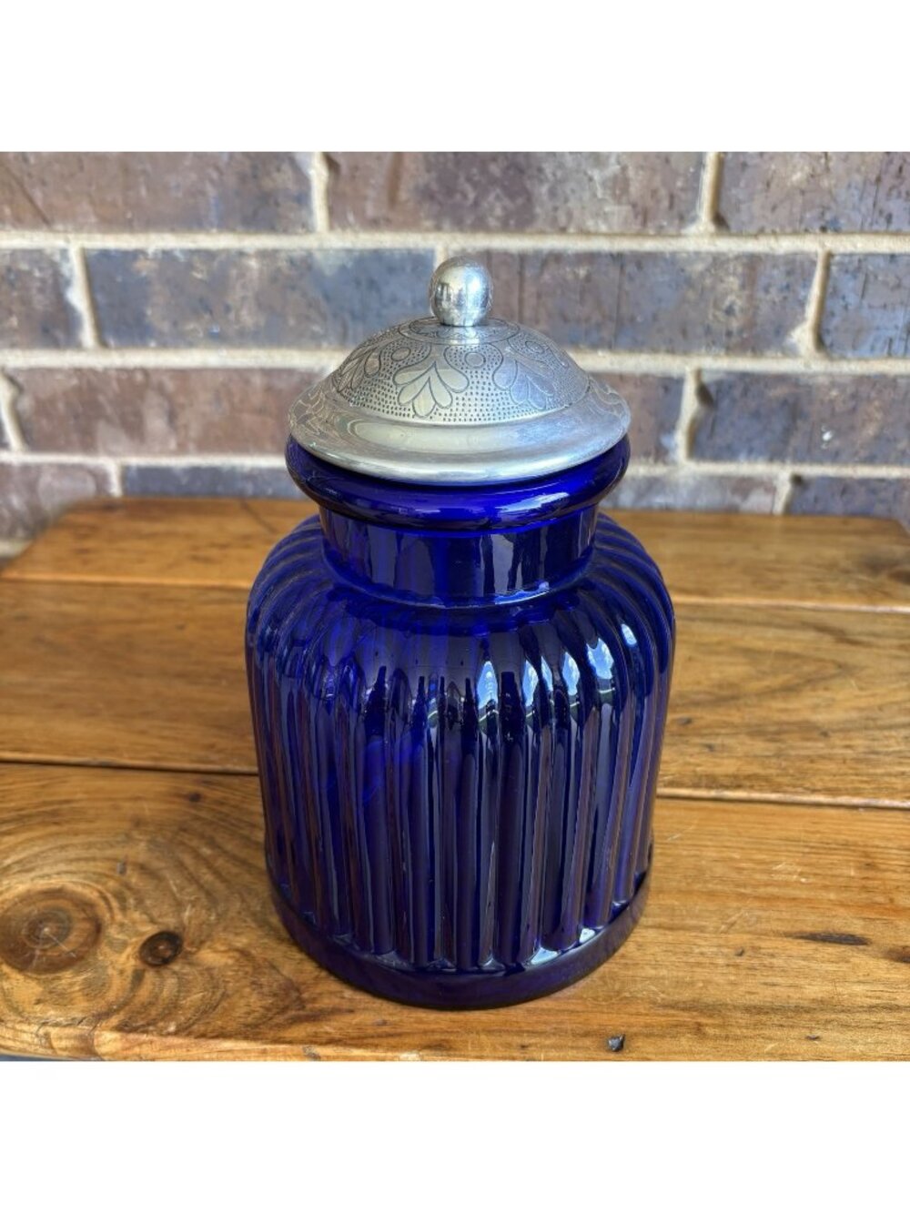 Vintage Cobalt Blue Ribbed Apothecary Glass Jar Canister With Aluminum Lid